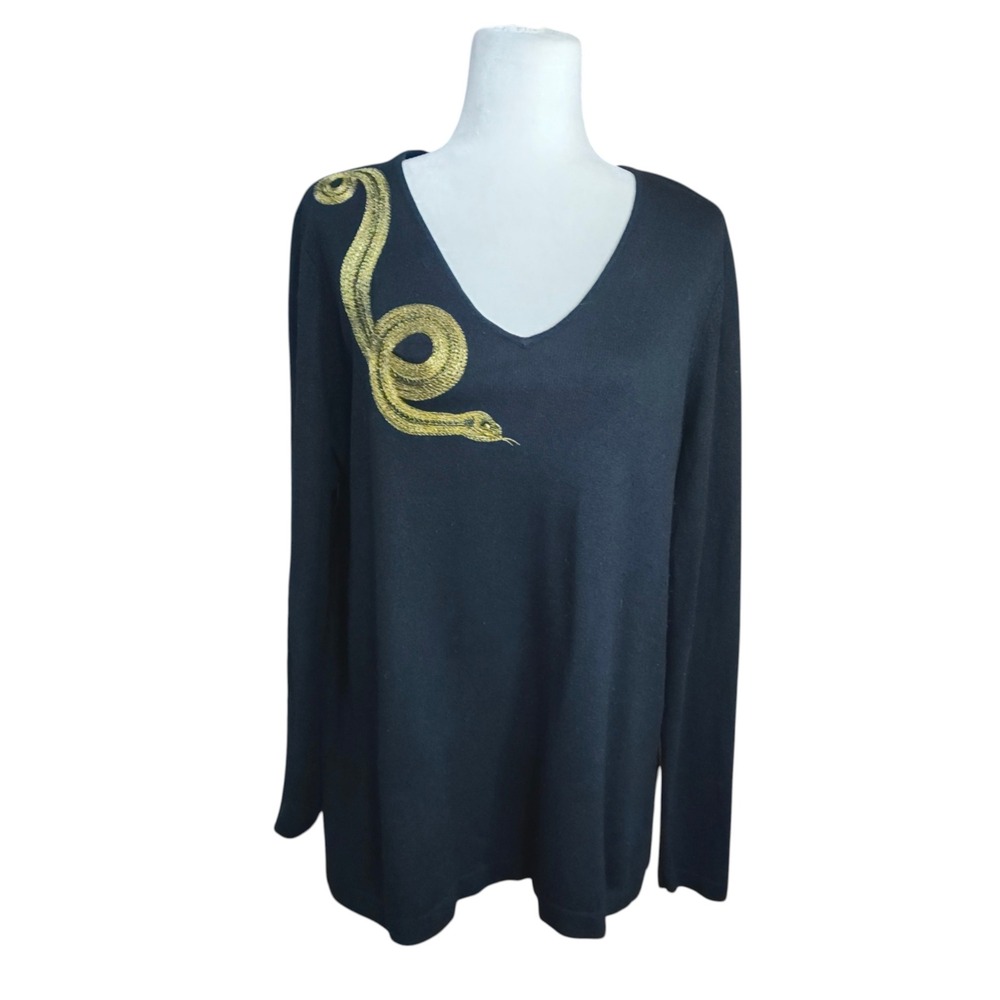 Lauren Ralph Lauren Silk Cashmere Black Gold Snake Embroidered Sweater Plus 1X